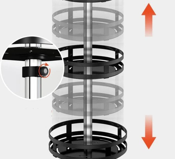 360 graden roterende opbergeenheid, universeel inzetbaar, zwart metaal, verstelbare hoogte, ideaal voor keuken en badkamer.