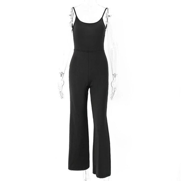 Zwarte dames jumpsuit met spaghetti bandjes en wijde pijpen, perfect voor casual en avondkleding. Comfortabele pasvorm, modieuze uitstraling.