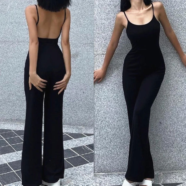 Zwarte jumpsuit dames, mouwloos met wijde pijpen, elegante avondkleding, minimalistisch ontwerp, geschikt voor formele gelegenheden.