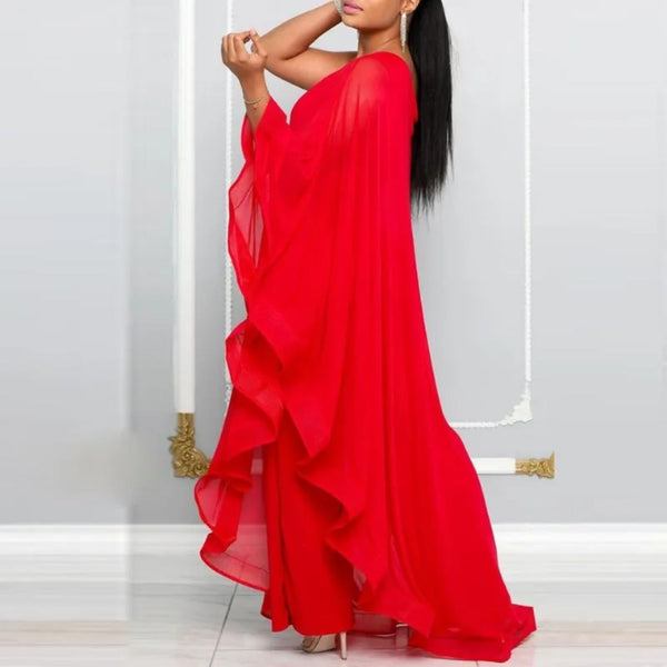 Rode chiffon kaftan jurk voor dames, elegant en vloeiend, perfect voor avondkleding of speciale gelegenheden. Luxe mode, stijlvolle dameskleding.