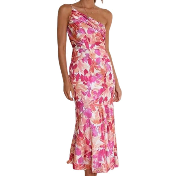 Roze bloemenjurk met asymmetrische halslijn, mouwloos ontwerp en midi-lengte. Perfect voor zomerse evenementen en modieuze gelegenheden.
