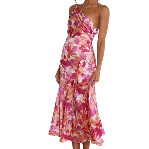 Roze bloemenjurk met asymmetrische halslijn, mouwloos ontwerp en vloeiende rok. Perfect voor zomerse evenementen en modieuze gelegenheden.