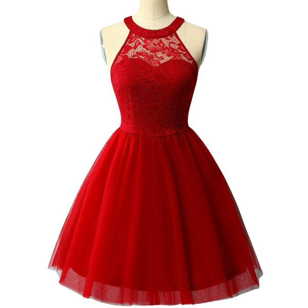 Rode cocktailjurk met kanten bovenstuk en wijde rok, mouwloos ontwerp, ideaal voor feestelijke gelegenheden. Elegante avondjurk voor dames.