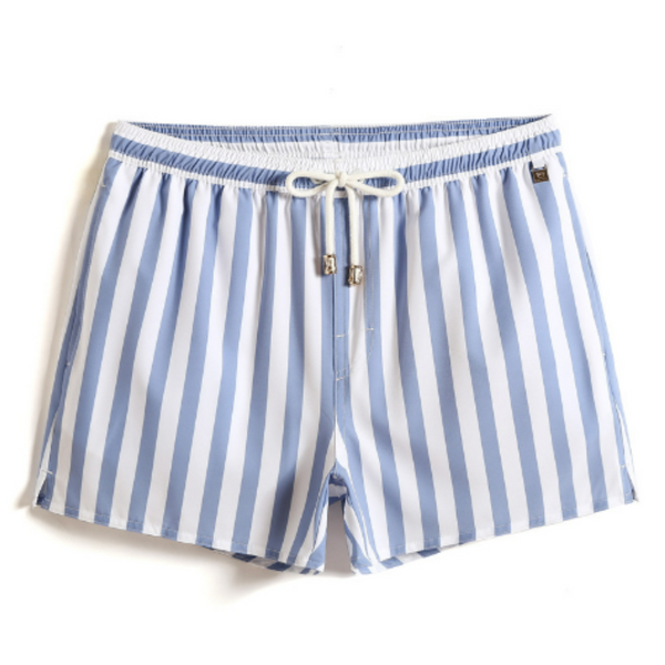 Blauw-wit gestreepte zwembroek voor heren met elastische tailleband en trekkoord, ideaal voor strandmode en zomerse activiteiten.