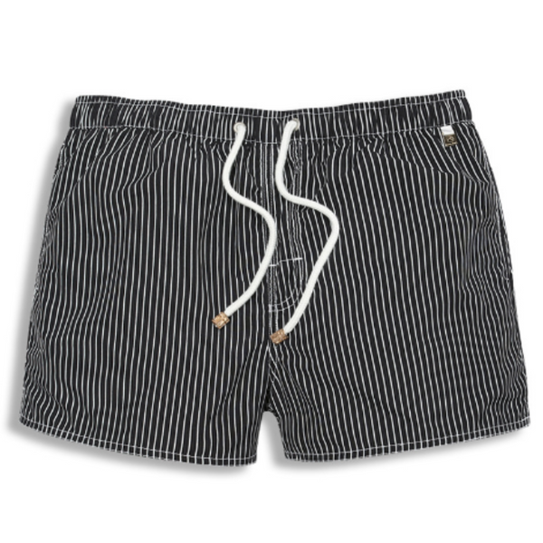 Zwart-wit gestreepte zwembroek met trekkoord, herenmode, strandkleding, comfortabele pasvorm, stijlvolle zwemshorts, zomercollectie.