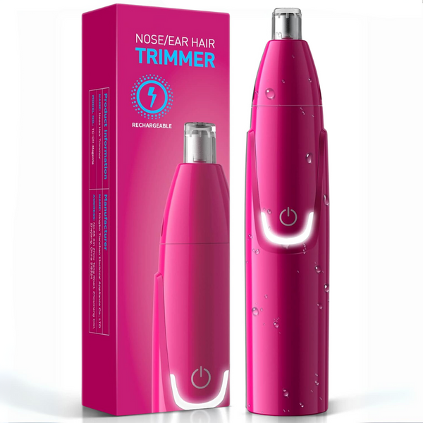 Roze oplaadbare neus- en oorhaartrimmer met waterdruppels, naast bijpassende verpakking. Geschikt voor persoonlijke verzorging en hygiëne.