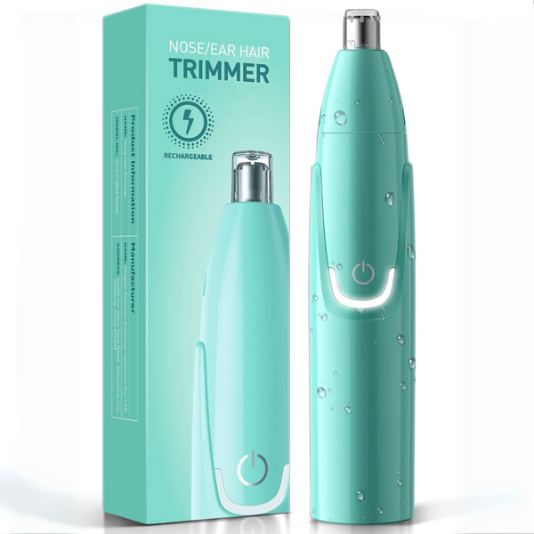 Oplaadbare neus- en oorhaartrimmer in turquoise met waterdruppels, naast bijpassende verpakking. Geschikt voor persoonlijke verzorging.
