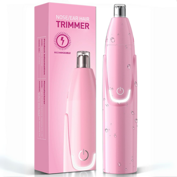 Roze oplaadbare neus- en oorhaartrimmer met waterdruppels, naast bijpassende verpakking. Geschikt voor persoonlijke verzorging en hygiëne.