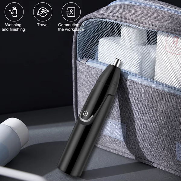 Zwarte elektrische neustrimmer met opbergtas, ideaal voor reizen en werk, op een grijze achtergrond. Geschikt voor persoonlijke verzorging en hygiëne.