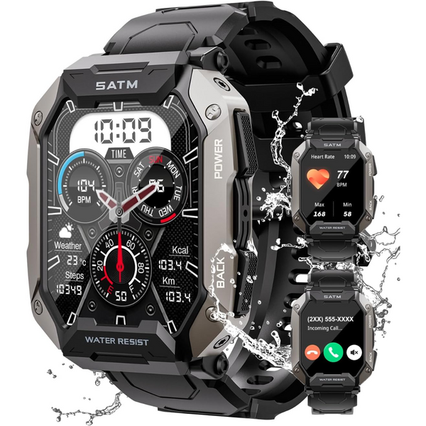 Robuust zwart smartwatch met waterdichte behuizing, hartslagmeter, weerweergave en oproepfunctie. Ideaal voor sport en dagelijks gebruik.