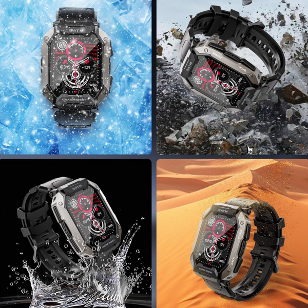 Vier robuuste, waterdichte smartwatches met zwarte banden, geschikt voor extreme omstandigheden: ijs, puin, water en zand. Ideaal voor outdoor avonturen.