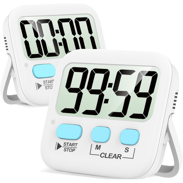 Digitale keukenwekker met groot LCD-scherm, witte behuizing, blauwe knoppen, en instelbare tijd tot 99 minuten. Ideaal voor koken en bakken.