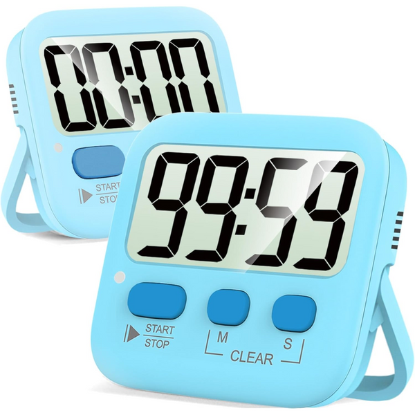 Twee blauwe digitale keukenwekkers met grote LCD-schermen, knoppen voor start/stop en reset, ideaal voor koken en bakken.
