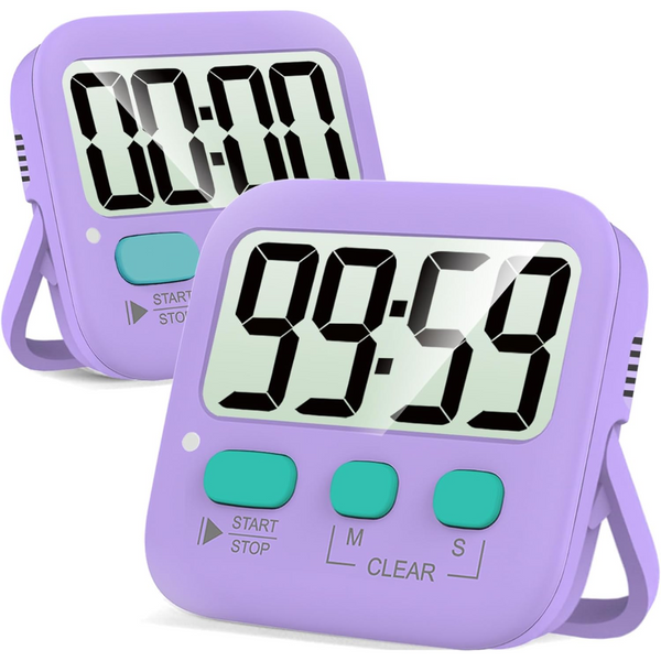 Paarse digitale kookwekker met groot LCD-scherm, afteltimer en start/stop-knop. Ideaal voor keuken, koken en bakaccessoires.