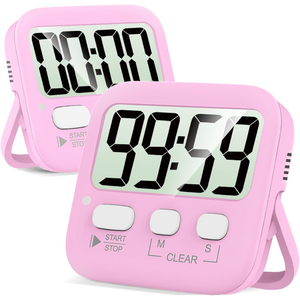 Roze digitale keukenwekker met groot LCD-scherm, afteltimer en start/stop-knop. Ideaal voor koken, bakken en tijdbeheer in de keuken.