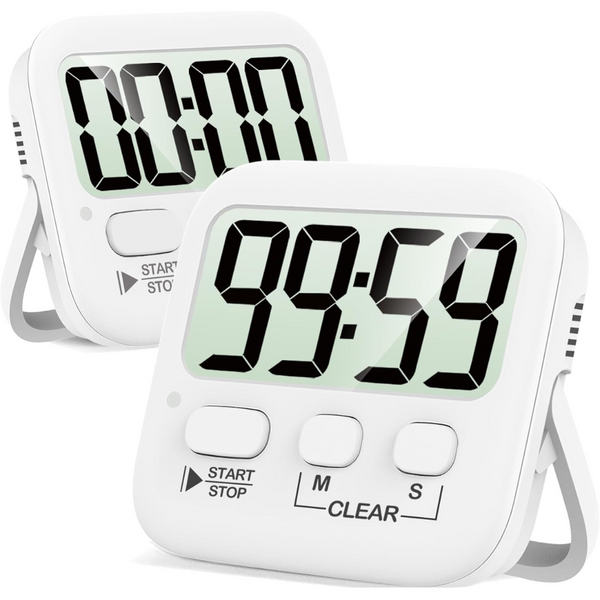 Digitale keukenwekker met groot LCD-scherm, witte behuizing, duidelijke knoppen voor start/stop en reset, ideaal voor koken en bakken.