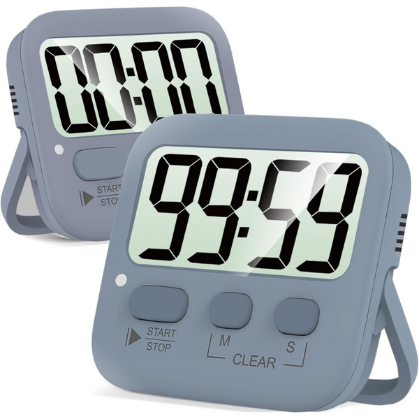 Digitale kookwekker met groot LCD-scherm, grijs, toont 99:59 en 00:00. Ideaal voor keuken, timer, aftellen, magnetische achterkant, opvouwbare standaard.