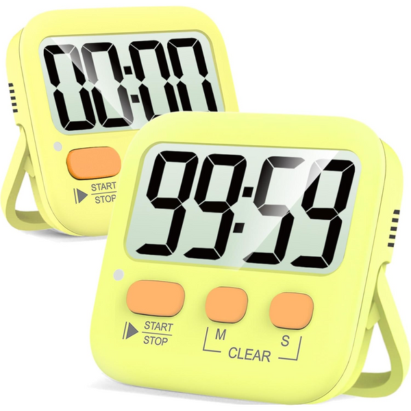 Digitale kookwekker met groot LCD-scherm, geel, met start/stop-knop en duidelijke tijdweergave. Ideaal voor keuken, koken en bakken.