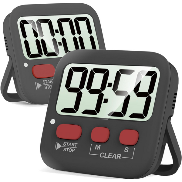 Digitale kookwekker met groot LCD-scherm, zwart, met rode knoppen. Ideaal voor keuken, timer instelbaar tot 99 minuten en 59 seconden.