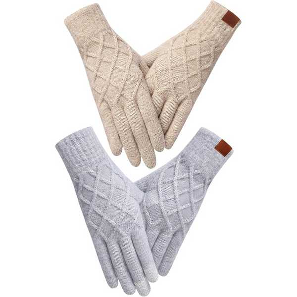 Beige en grijze gebreide handschoenen met ruitpatroon, winteraccessoires, warme wollen handschoenen voor dames en heren, stijlvol en comfortabel.