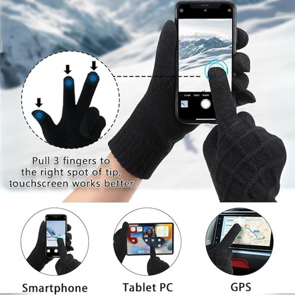 Zwarte touchscreen handschoenen voor smartphone, tablet en GPS, met drie vingertoppen voor verbeterde bediening in koude omstandigheden.