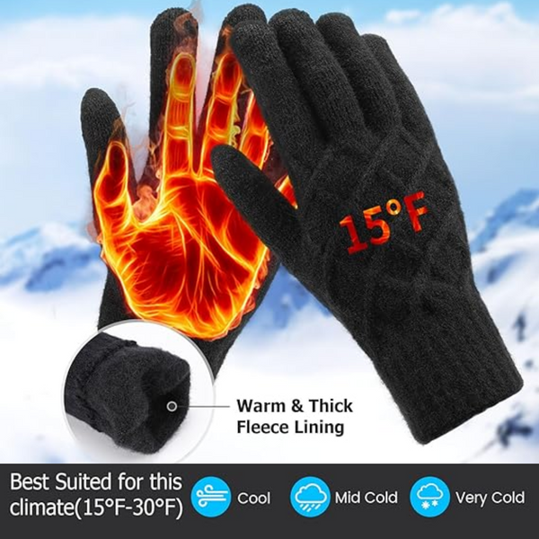 Zwarte verwarmde handschoenen met fleece voering, geschikt voor koude klimaten (-1°C tot -30°C), met temperatuurindicatie van 15°F.