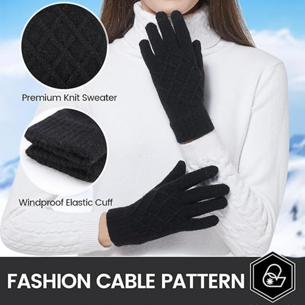 Vrouw draagt zwarte gebreide handschoenen met kabelpatroon, winddichte elastische manchetten, gecombineerd met een witte trui. Wintermode accessoire.