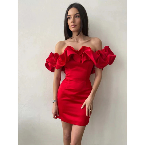 Rode off-shoulder jurk met ruches, elegante avondjurk voor dames, perfect voor feestjes en speciale gelegenheden, modieuze en stijlvolle uitstraling.