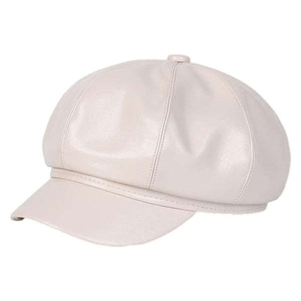 Beige leren flat cap pet, stijlvol en trendy, ideaal voor modebewuste mannen en vrouwen. Perfect accessoire voor een casual of chique look.