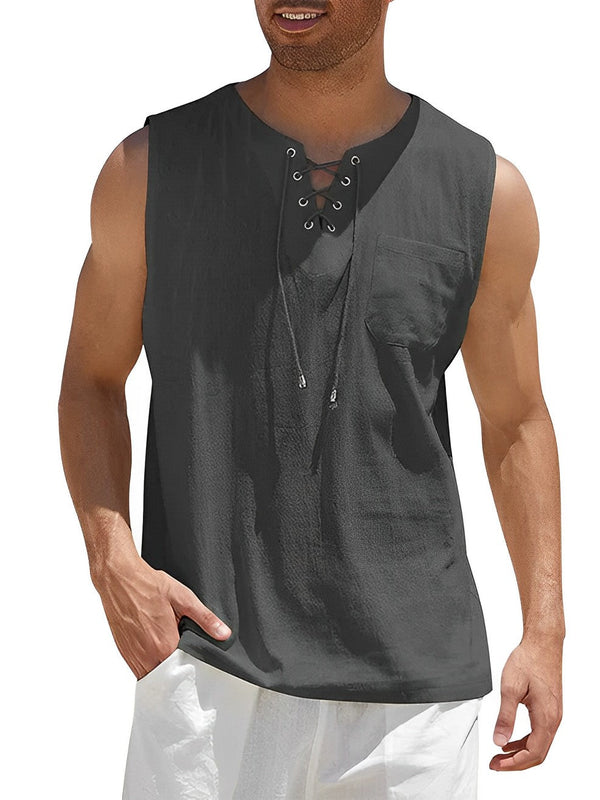Mouwloos zwart linnen hemd voor heren met vetersluiting en borstzak, ideaal voor zomerse casual outfits. Comfortabele en stijlvolle tanktop.