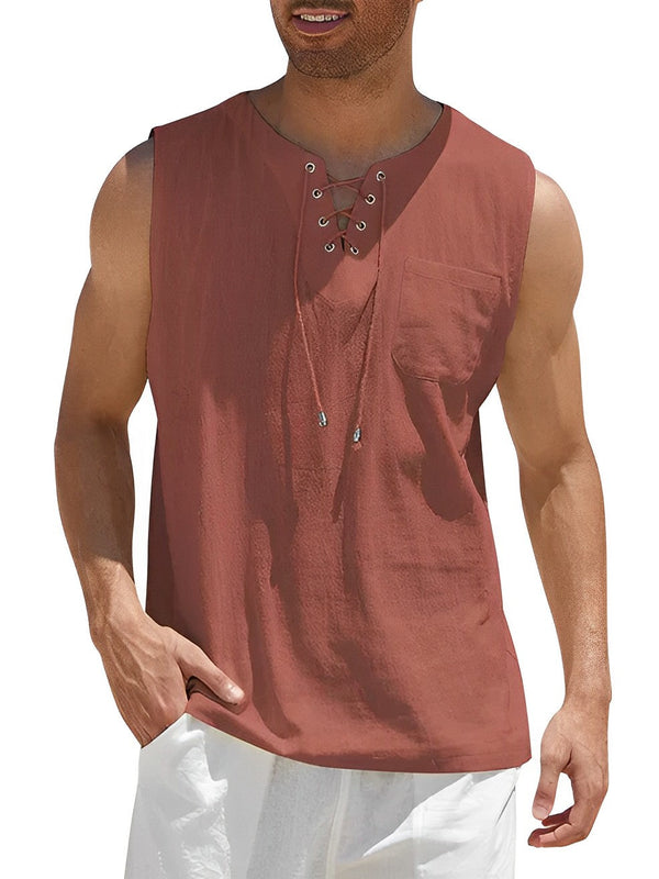 Mouwloos heren linnen tanktop in bruin met veterhals en borstzak, ideaal voor zomerse casual outfits. Comfortabele en stijlvolle herenkleding.