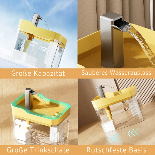 Gele automatische waterfontein voor huisdieren met grote capaciteit, roestvrijstalen uitloop, antislip basis en drinkbak. Ideaal voor katten en honden.