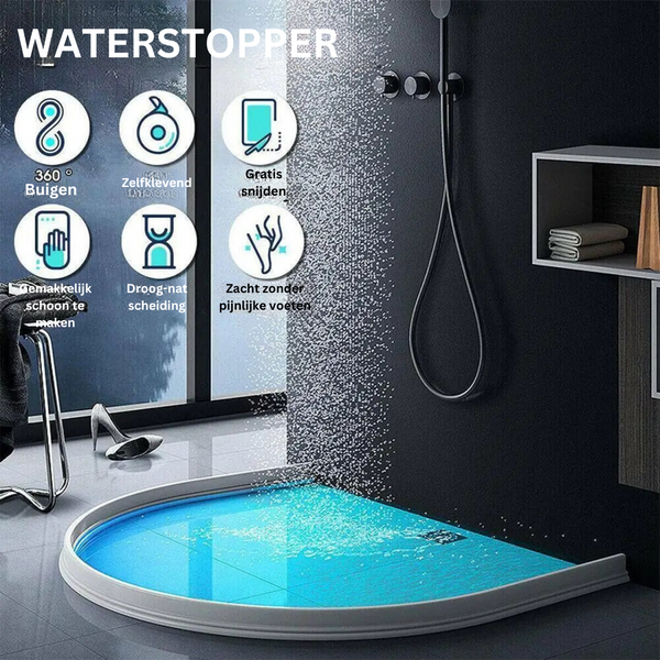 Waterstopper douchebarrière, flexibel en zelfklevend, voorkomt wateroverlast in moderne badkamer. Ideaal voor natte ruimtes, eenvoudig te installeren.