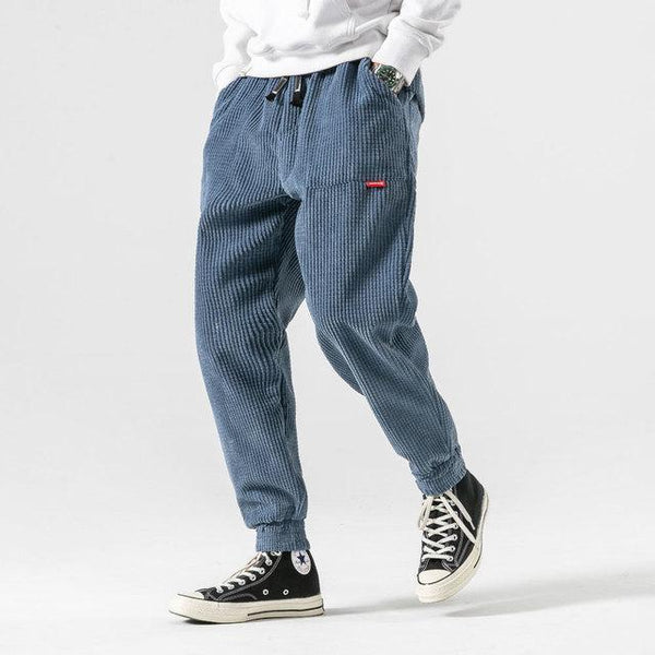 Blauwe corduroy broek voor heren, casual en comfortabel, ideaal voor dagelijks gebruik. Modieuze stijl met elastische taille en enkelboorden.