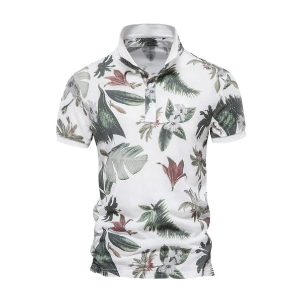Witte polo met tropische bloemenprint, korte mouwen en kraag. Perfect voor zomerse casual outfits. Hoogwaardige herenmode, trendy en stijlvol.