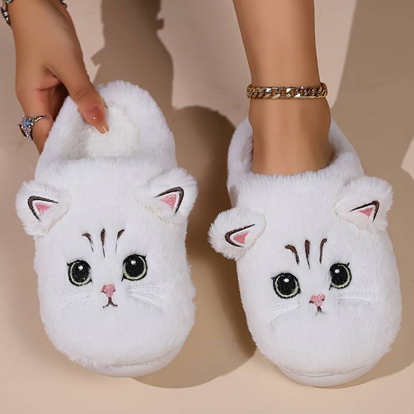 Witte pluche pantoffels met schattig kattengezicht, zachte voering en oortjes, perfect voor dames, comfortabele huisschoenen, wintermode.
