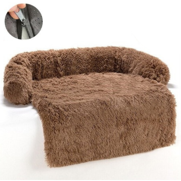 Bruine pluche hondenbank met afneembare hoes en rits, ideaal voor huisdierencomfort in de winter. Stijlvol en praktisch huisdiermeubel.