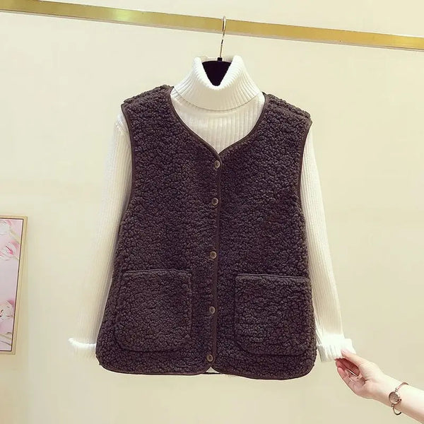 Donkergrijs dames wintervest met knopen en zakken, gedragen over een witte coltrui. Stijlvolle en warme kleding voor koude seizoenen.