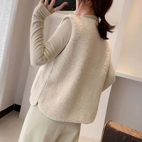 Vrouw draagt beige wintervest, mouwloos en van fleece, ideaal voor koude seizoenen. Stijlvolle damesmode, comfortabele en warme outfit.