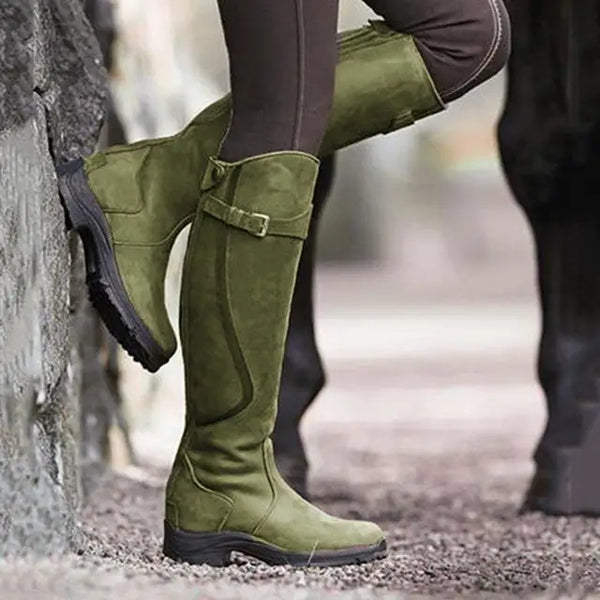 Groene dameslaarzen van PU-leer met ritssluiting, retro stijl, lage hak. Modieuze gladiatorlaarzen voor casual en outdoor gebruik.