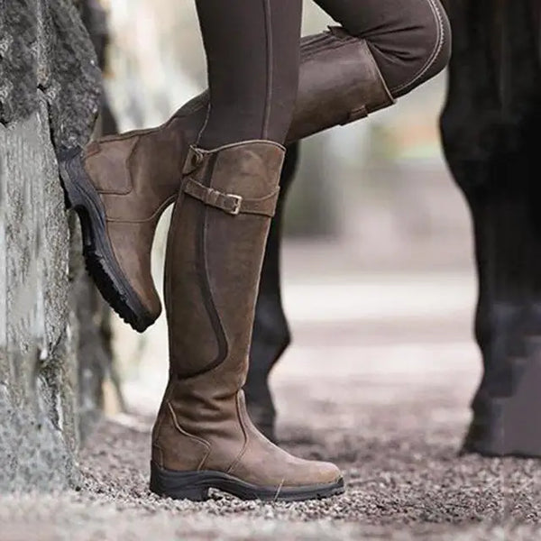 Bruine dameslaarzen van PU-leer met ritssluiting, retro stijl, lage hak, ideaal voor casual en modieuze outfits. Perfect voor dagelijks gebruik.