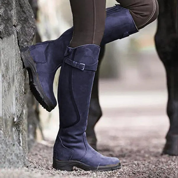 Donkerblauwe dameslaarzen van PU-leer met ritssluiting, retro stijl, lage hak, casual ontwerp. Perfect voor modieuze dames.