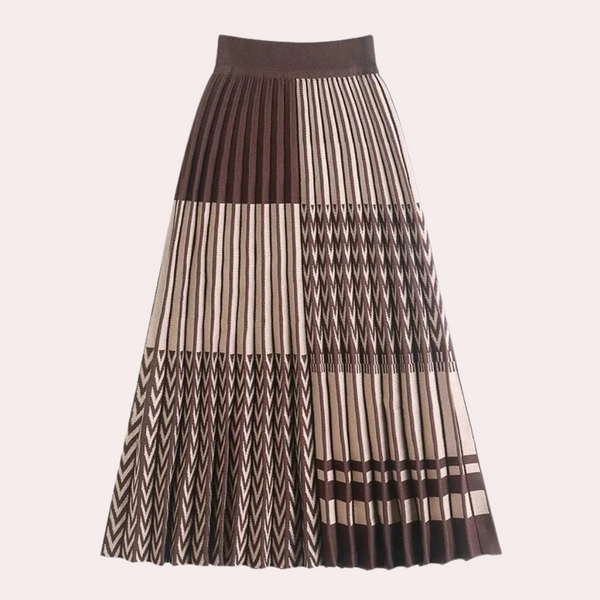 Bruine en beige geplooide midi-rok met geometrisch zigzagpatroon, damesmode, elegante vintage stijl, geschikt voor herfst- en winterseizoen.