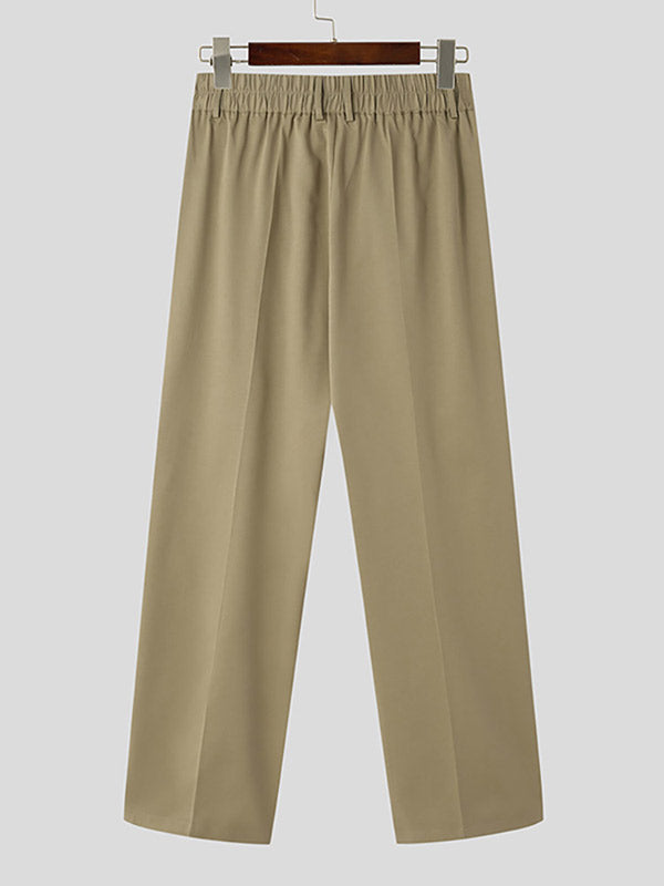 Beige wijde broek met elastische tailleband, minimalistisch ontwerp, geschikt voor casual en formele gelegenheden, comfortabele pasvorm.