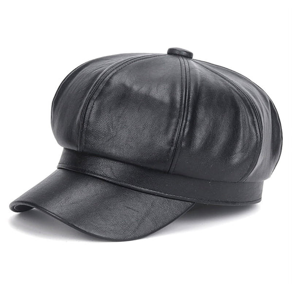 Zwarte leren flat cap pet, stijlvol en trendy, perfect voor modebewuste mannen en vrouwen. Ideaal accessoire voor casual en chique outfits.