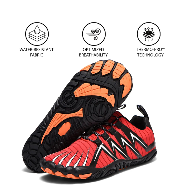 Rode barefoot schoenen met waterafstotende stof, geoptimaliseerde ademendheid en Thermo-Pro™ technologie. Ideaal voor sport en outdoor activiteiten.