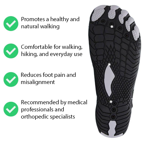 Minimalistische barefoot schoen zool, bevordert natuurlijk lopen, comfortabel voor wandelen en dagelijks gebruik, vermindert voetpijn, aanbevolen door specialisten.