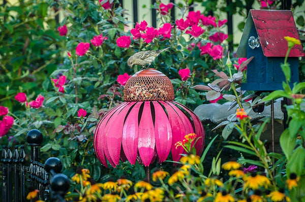 Vogelvoederhuisje in tuin met roze bloemen en vogel, decoratief ontwerp, ideaal voor tuindecoratie en vogelobservatie.