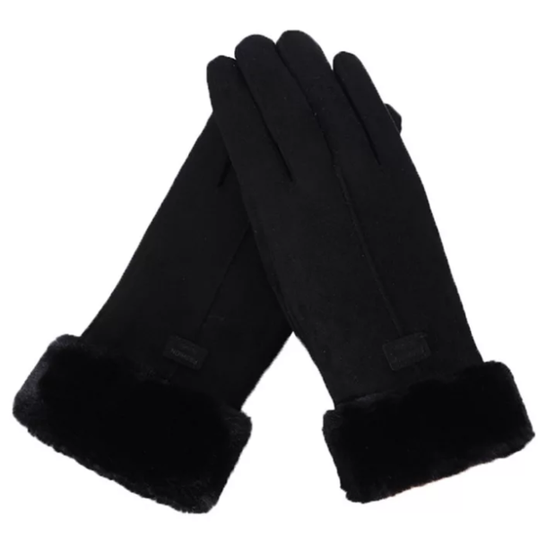 Zwarte suède handschoenen met bontvoering, stijlvol en warm, ideaal voor wintermode. Perfecte accessoire voor koude dagen. Unisex design.