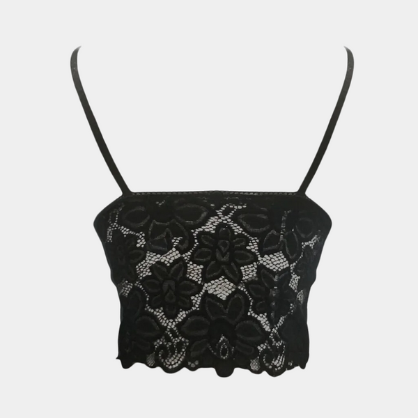 Zwarte kanten crop top met bloemenpatroon en dunne bandjes, perfect voor zomermode en casual outfits. Trendy dameskleding, elegant en stijlvol.